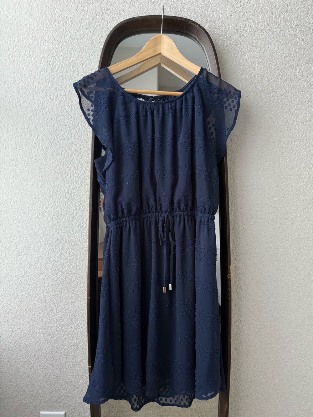 Maurices Navy Textured Dot Chiffon Dress Flutter Sleeve Drawstring Waist Size M